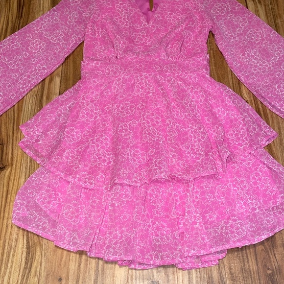 Japna women’s dress XS 0 2 Vibrant Pink white cross over fit flare ruffle sheer - Picture 4 of 7